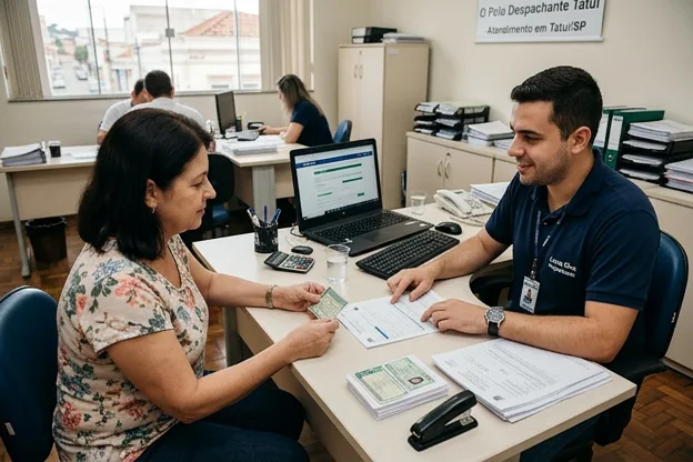 Pessoa recebendo orientações para renovação da CNH em Tatuí.